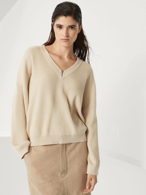 Cotton English rib sweater with shiny detail