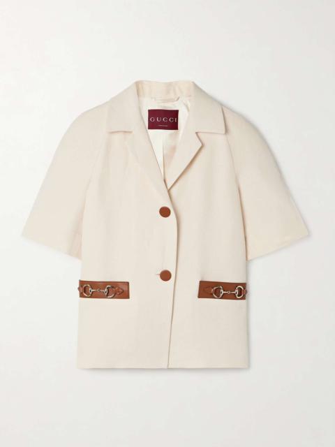 Horsebit-detailed leather-trimmed linen-canvas jacket Cream