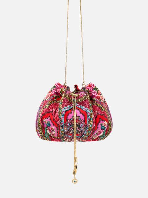 DRAWSTRING POUCH BAG WITH CHAIN STRAP