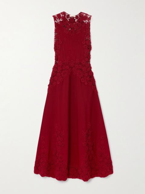 Genoveva crocheted lace-trimmed cotton-blend midi dress Burgundy