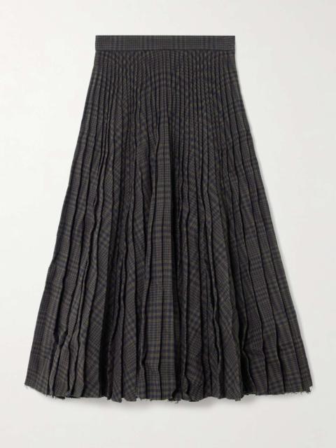 Pleated checked crinkled wool-blend midi skirt