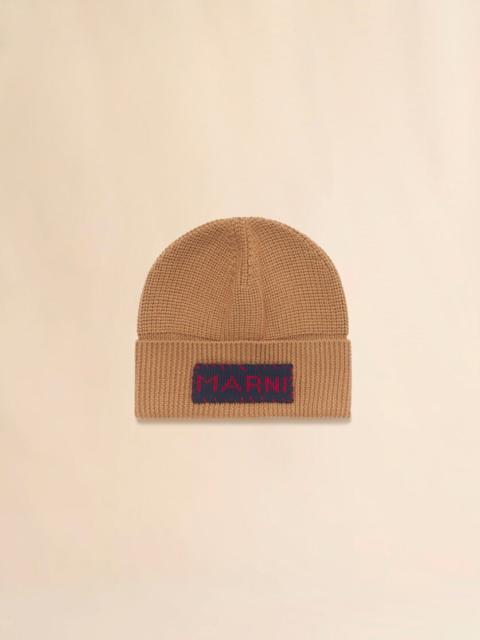 TAN WOOL FISHERMAN'S RIB BEANIE WITH MARNI PATCH