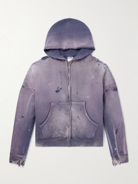 Oversized Distressed Cotton-Jersey Zip-Up Hoodie Navy
