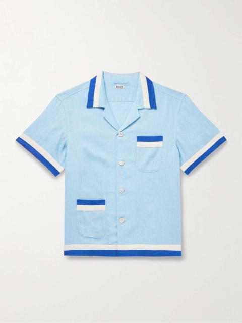 Seedling Stripe Camp-Collar Appliquéd Linen Shirt