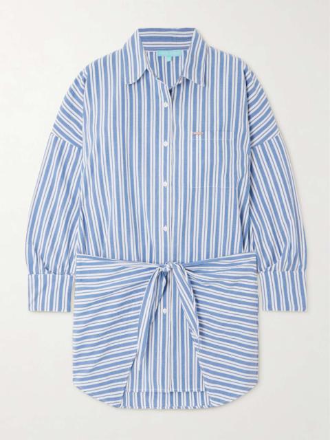 Sara tie-detailed striped cotton mini shirt dress Blue