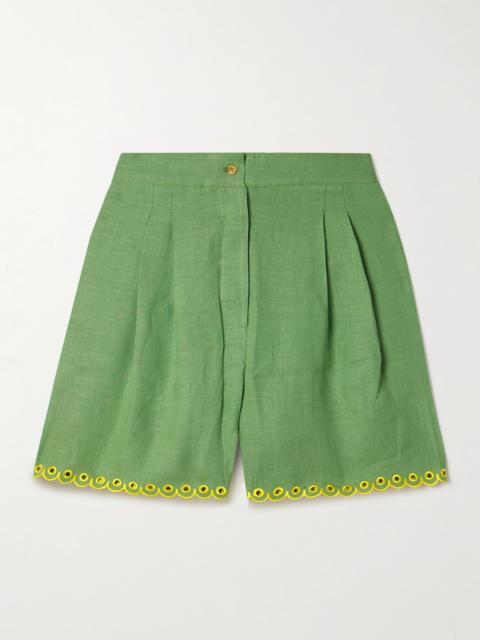 Petra Pleated Broderie Anglaise-trimmed Linen Pajama Shorts
