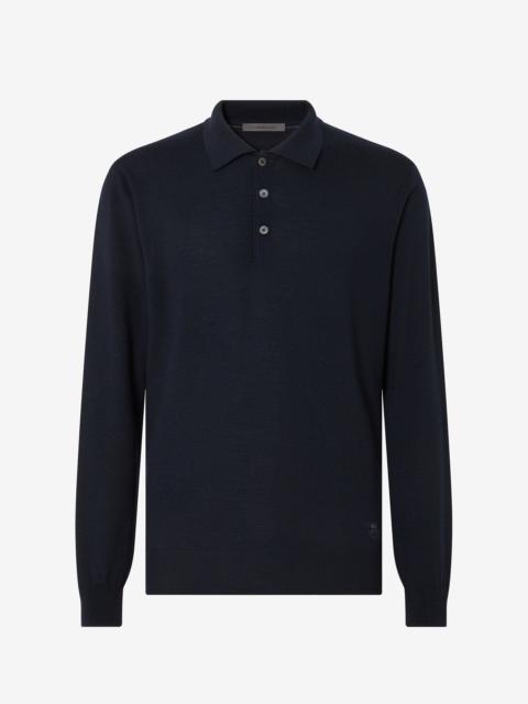 Blue button-up extra fine merino wool polo shirt