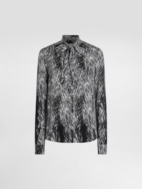 Fur-print charmeuse shirt with pussy-bow