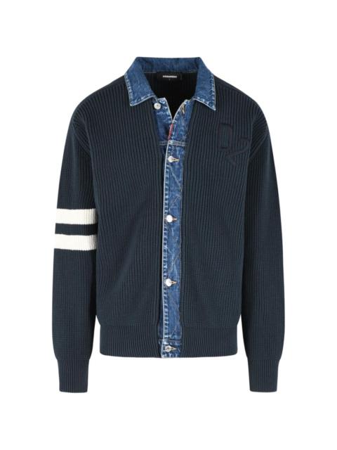 denim-collar ribbed cardigan