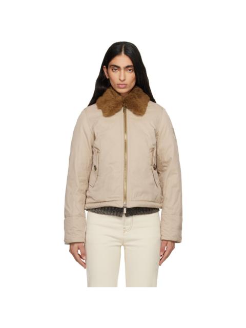 Beige Shearling Collar Gabardine Down Bomber Jacket