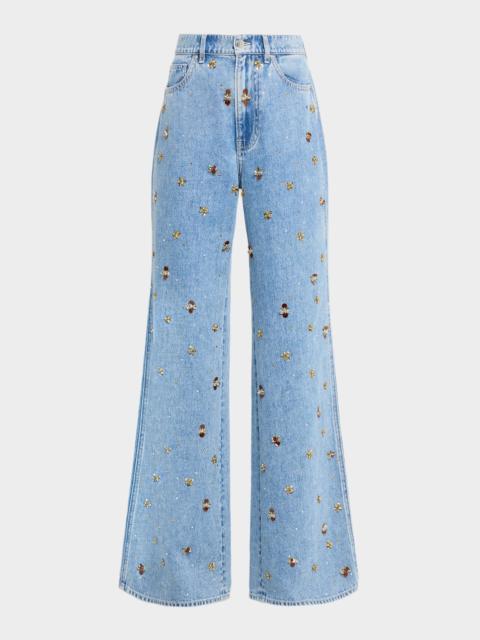 Kasey Embellished Denim Mid-Rise Wide-Leg Jeans