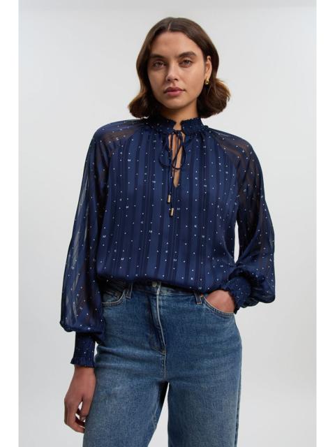 Karen Millen Print Shirred Detail Dobby High Neck Woven Blouse