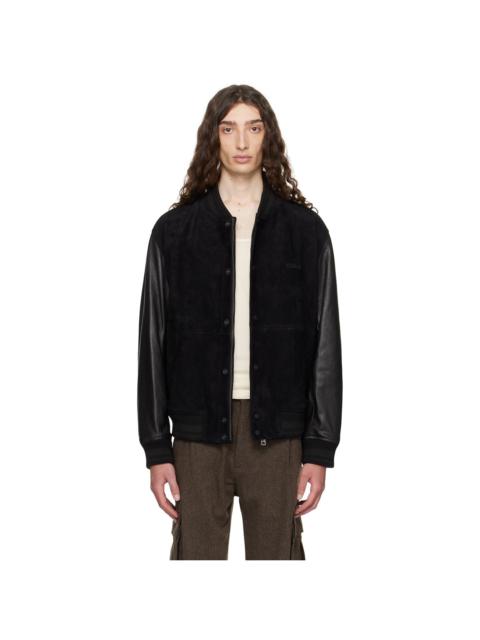 Black Embossed-Logo Leather Bomber Jacket