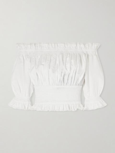 Off-the-shoulder Lace-trimmed Shirred Cotton-blend Poplin Top