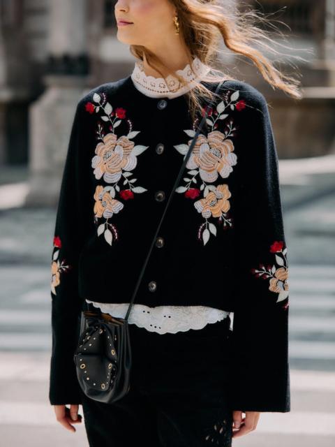Black Flowers Embroidered Buttoned Knit Cardigan