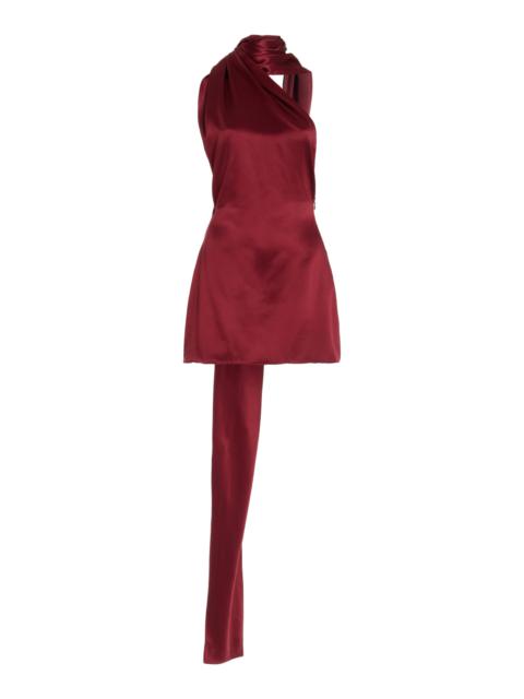 Scarf-Detailed One-Shoulder Silk Mini Dress burgundy