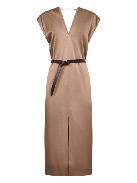 V-neck belted midi dress