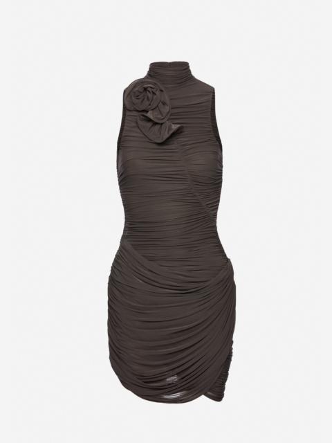 High-neck draped mini dress in brown