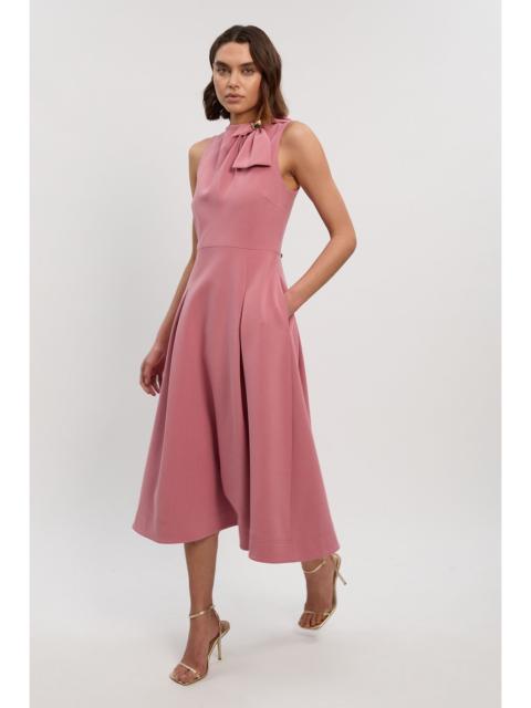Compact Stretch Bow Tie Neck Trim Detail Tailored Full Midi Dress