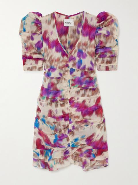 Sireny Ruched Printed Cotton-voile Mini Dress