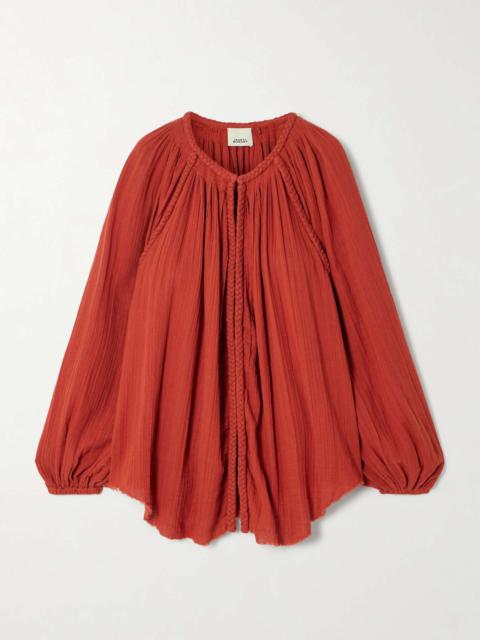 Jenna frayed braided gathered cotton-gauze blouse Red