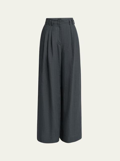 Pleated Wide-Leg Linen Trousers