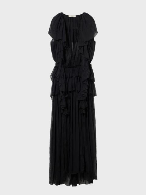 LONG PLEATED GEORGETTE DRESS WITH LACE INSERT