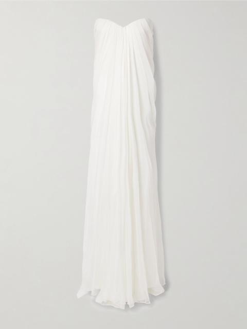 Strapless draped silk-chiffon bustier gown White