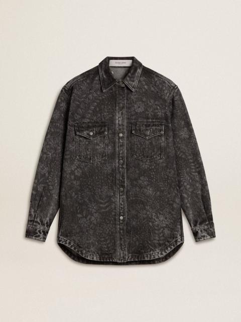 Women's black denim shirt with ton sur ton floral pattern