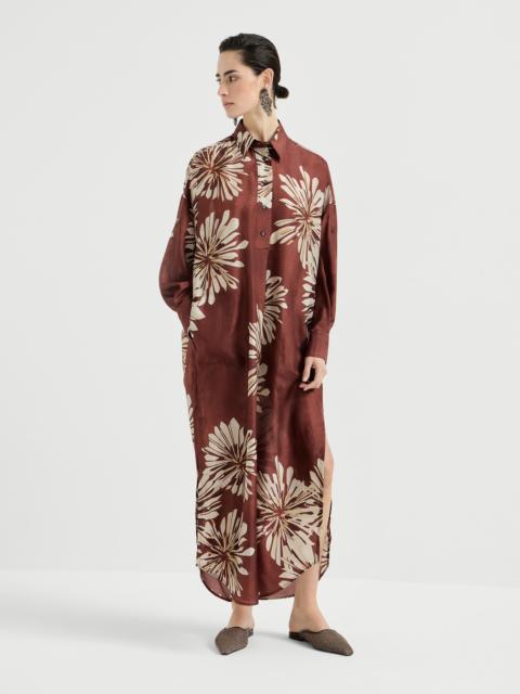 Silk bloom print pongee long dress with monili