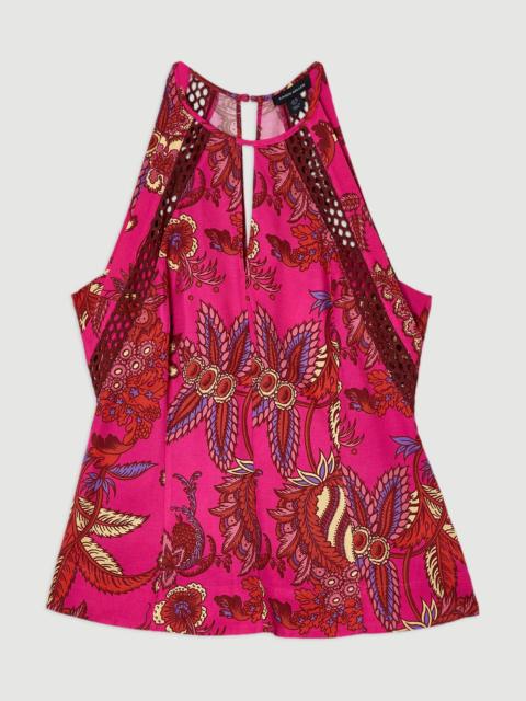 Viscose Floral Print Linen Lace Trim Insert Woven Halter Neck Top