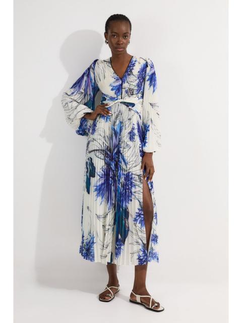 Floral Balloon Sleeve Pleated Crinkle Cut Out Woven Maxi Dress
