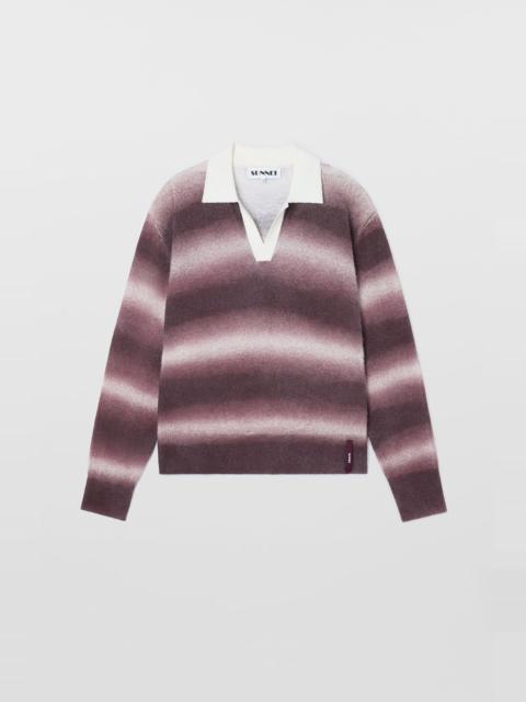 STRIPED KNIT LONGSLEEVE POLO / burnt aubergine & off white