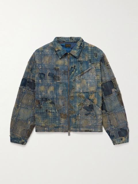 Boro Distressed Patchwork Denim Jacket Blue