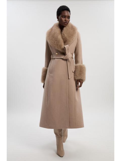 Petite Wool Blend Detachable Faux Fur Belted Coat