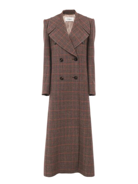 LONG DOUBLE-BREASTED COAT IN CHECK WOOL