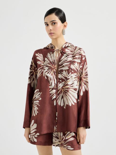 Silk bloom print pongee shirt with hood