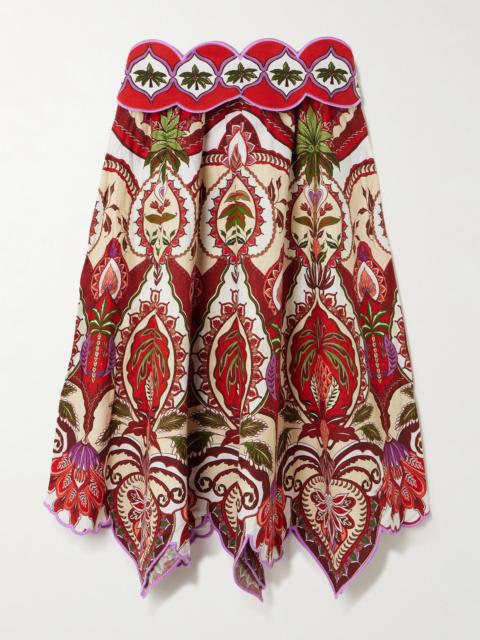 Odara Scalloped Printed Linen-blend Midi Skirt