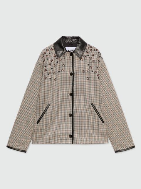 Ivory micro-check jacket with floral embroidery