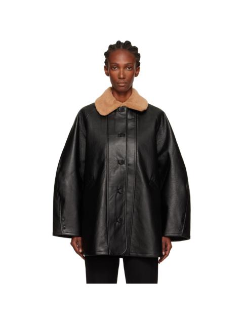 Black Aviator Midi Faux-Leather Coat