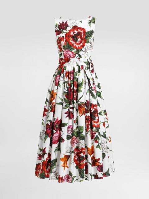 Flower-print sleeveless poplin dress