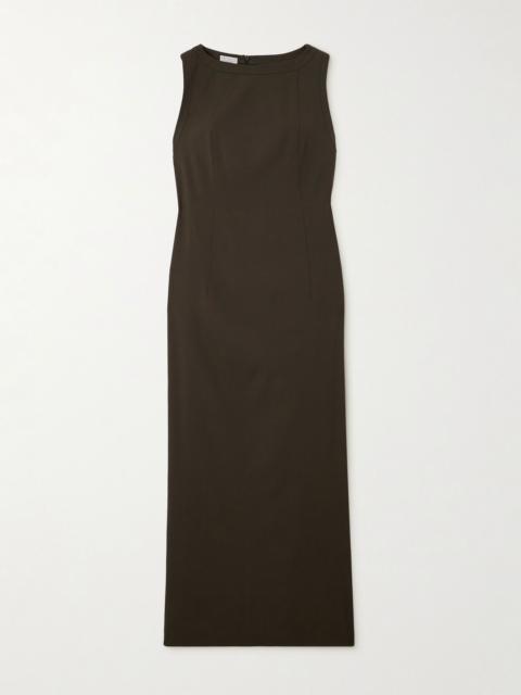 Bead-embellished wool-blend twill maxi dress Dark brown