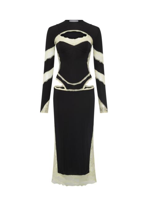 DRAPED JERSEY & LACE LS LONG DRESS