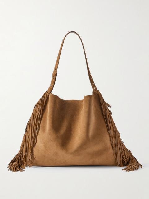 Baggy fringed studded suede shoulder bag Chocolate