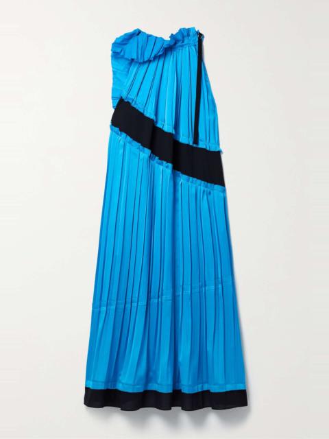 Pleated layered ruffled satin and crepe de chine midi dress