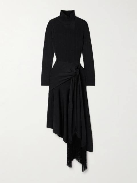 Asymmetric Draped Fringed Stretch-knit Turtleneck Midi Dress