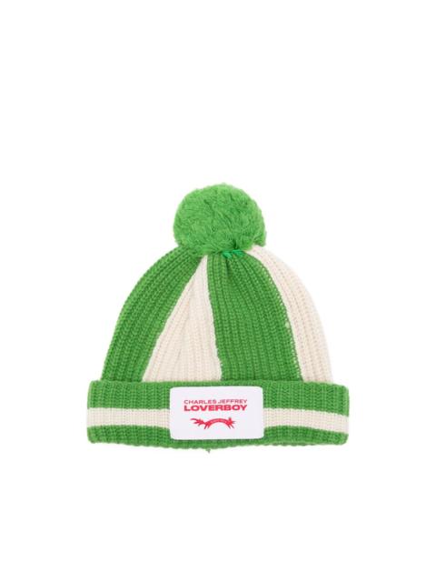 striped-print pompom beanie hat