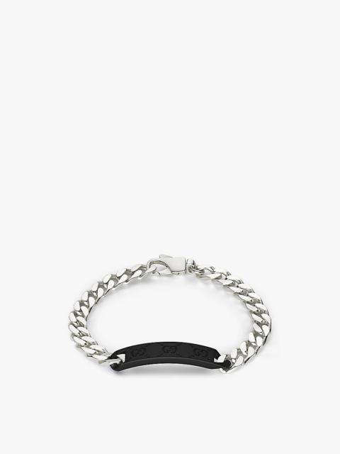 Branded-tag sterling-silver and leather chain bracelet