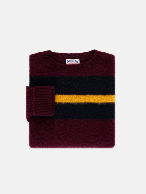 MADE-IN-SCOTLAND BURGUNDY, NAVY & GOLD SHAGGY DOG FRAME STRIPE SWEATER - CLASSIC FIT