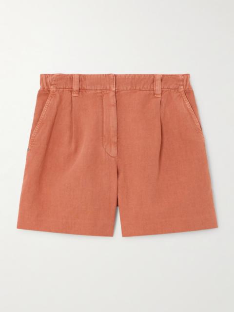 Bead-embellished Pleated Cotton And Linen-blend Twill Shorts